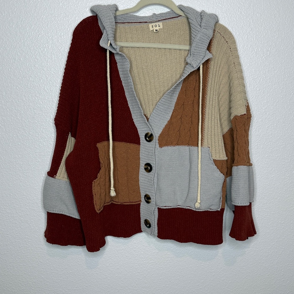 POL Colorblock Hooded Cardigan Mixed Media Red Cream M - Picture 2 of 6